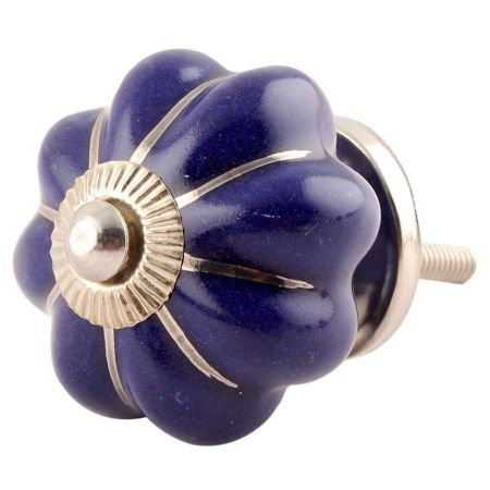 Navy Blue With Silver Line Medium Ceramic Melon Knob